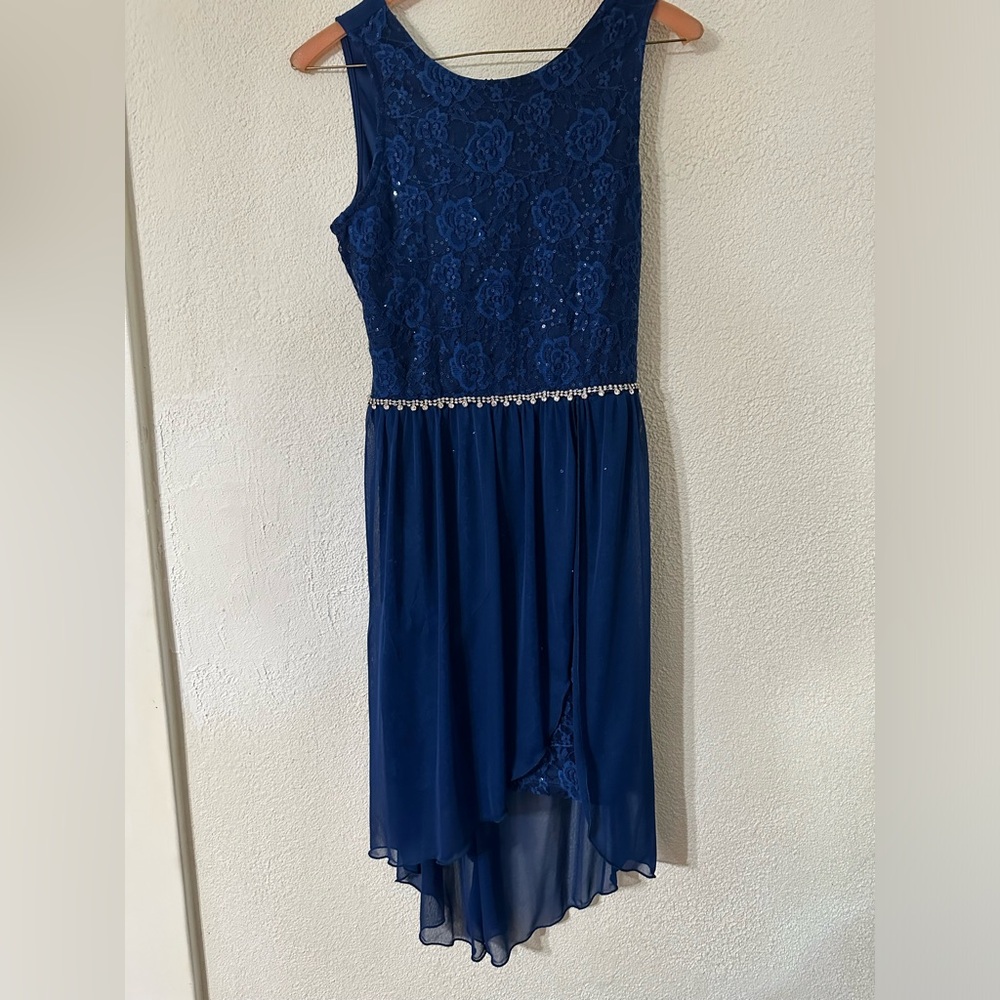 BCX Girl Dress Blue Lace Sequined High Low Sheer Overlay Rhinestones Size 16 NWT